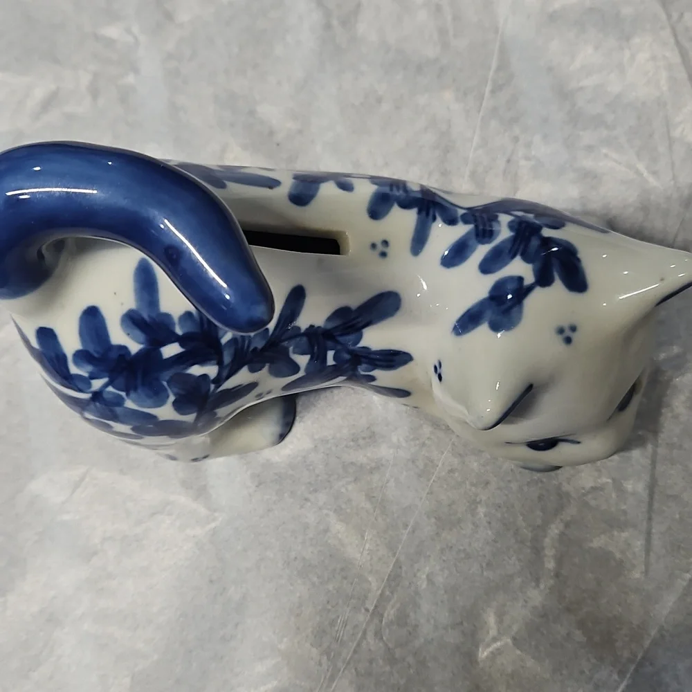 Vintage Blue And White Cat Piggy Bank - Picture 2 of 5